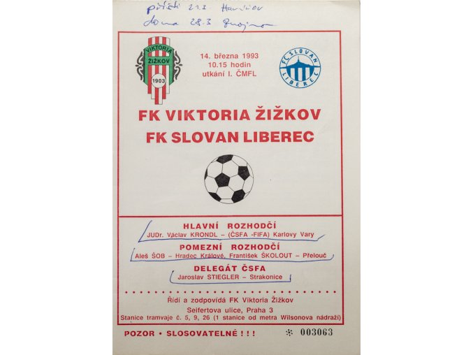 Program FK Viktoria Žižkov vs. FK Slovan Liberec, 1993
