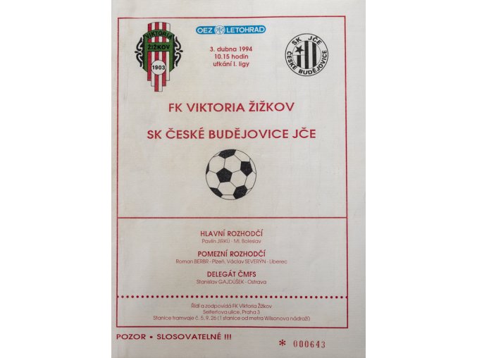 Program FK Viktoria Žižkov vs. SK ČES. Budějovice, 1994