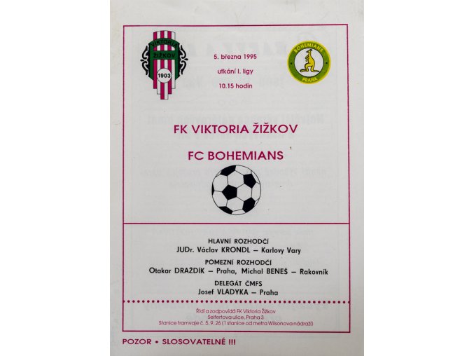 Program FK Viktoria Žižkov vs. FC Bohemians, 1995