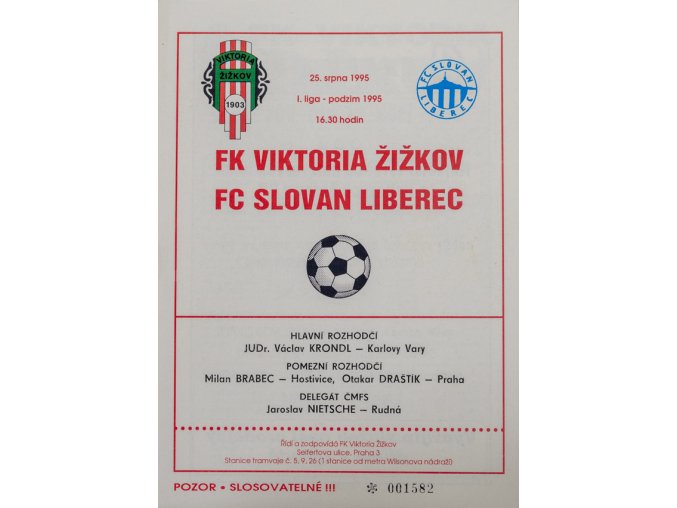 Program FK Viktoria Žižkov vs. FC Slovan Liberec, 1995