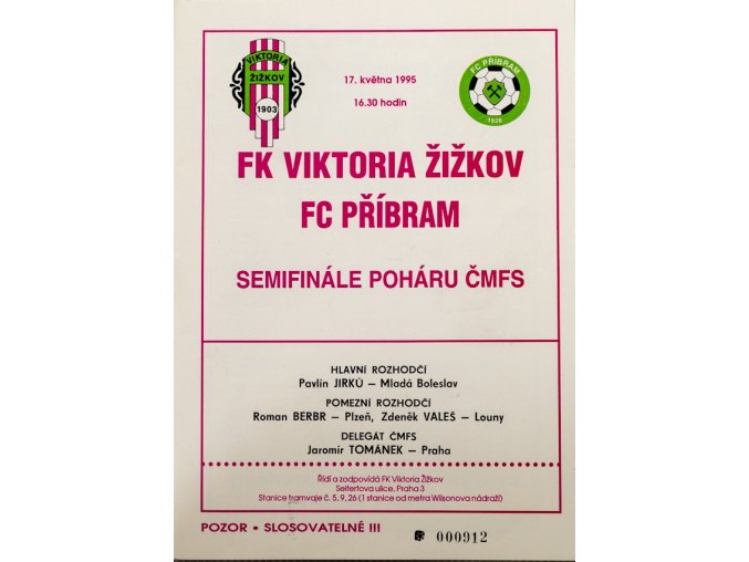 Program FK Viktoria Žižkov vs. FC Příbram, 1995