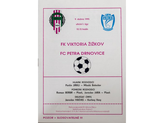 Program FK Viktoria Žižkov vs. FC Petra Drnovice, 1995