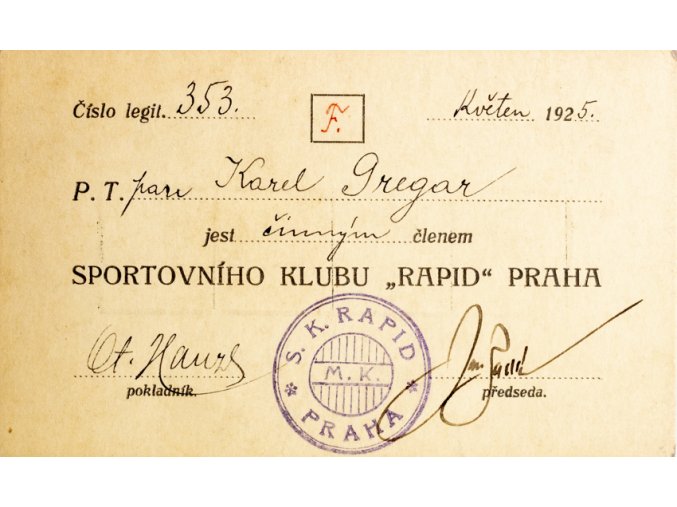 Členská legitimace Sportovního klubu Rapid, 1925 (1)