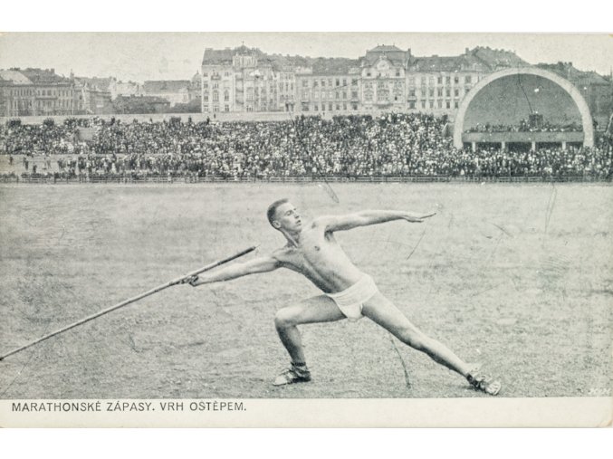 Pohlednice, Marathonské zápasy, vrh oštěpem, Letná, 1912 (1)