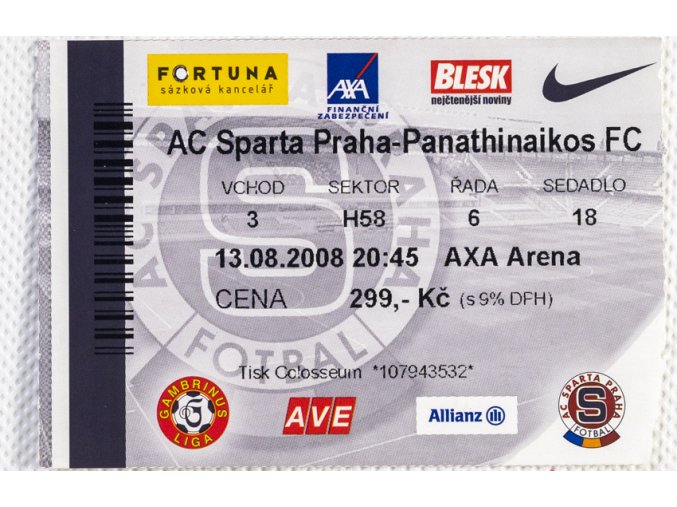 Vstupenka UEFA , Sparta Praha v. Panathinaikos FC, 2008