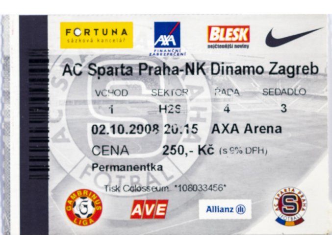 Vstupenka UEFA , Sparta Praha v.NK Dinamo Zagreb, 2008