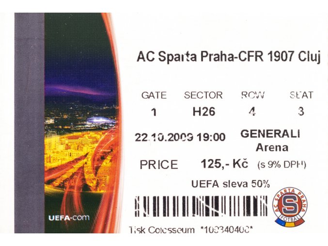 Vstupenka UEFA , Sparta Praha v. CFR 1907 Cluj, 2009 II