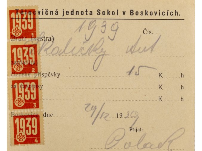 Dokument legitimace, Jednota Sokol v Boskovicích, 1939