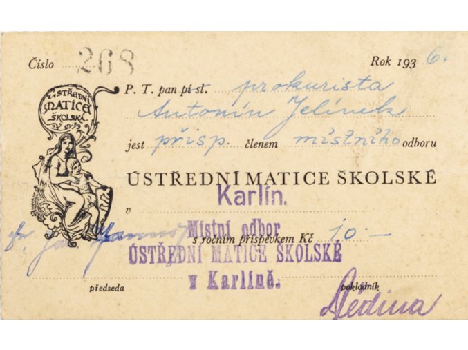 Členská legitimace Ústřední matice školské, 1936 (1)