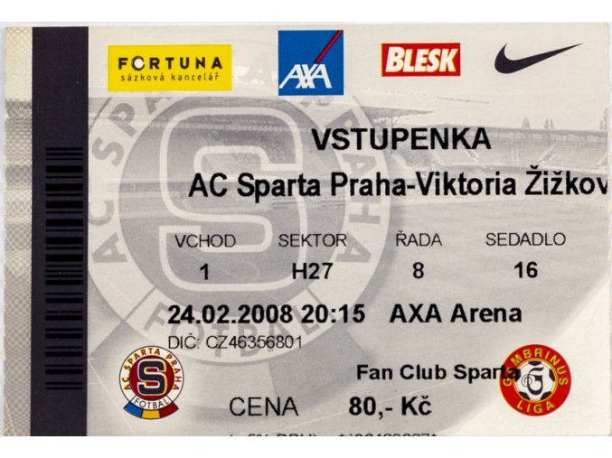 Vstupenka fotbal , Sparta Praha v. Viktoria Žižkov, 2008