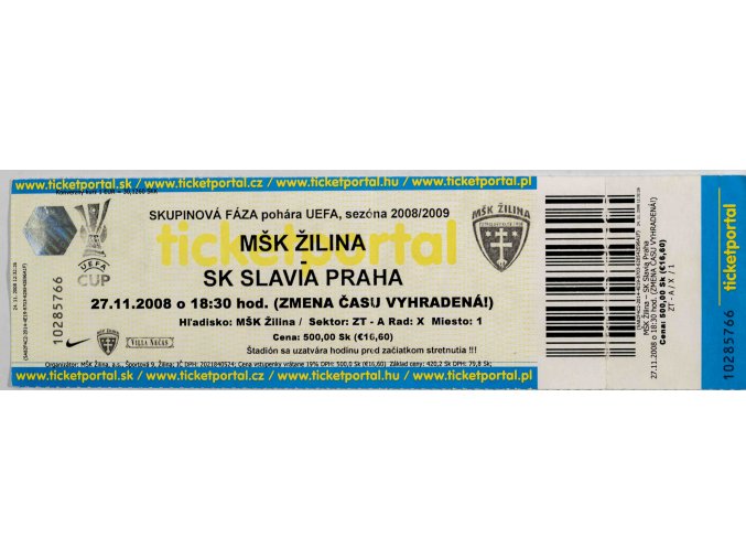 Vstupenka fotbal MŠK Žilina v. SK Slavia Praha, UEFA, 2008