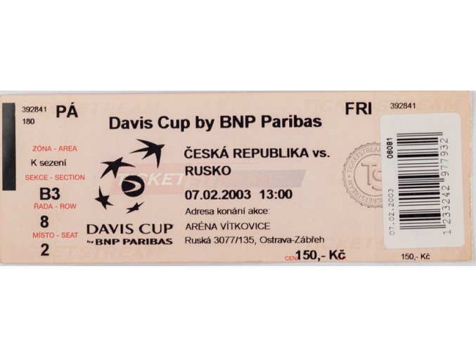 Vstupenka Davis Cup Česká rep. v. Rusko, 2003