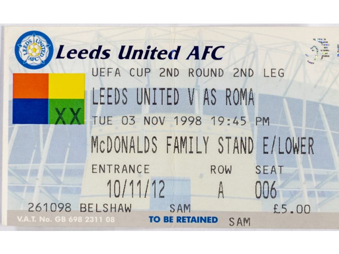 Vstupenka fotbal Leeds United vs. AS Roma, 1998