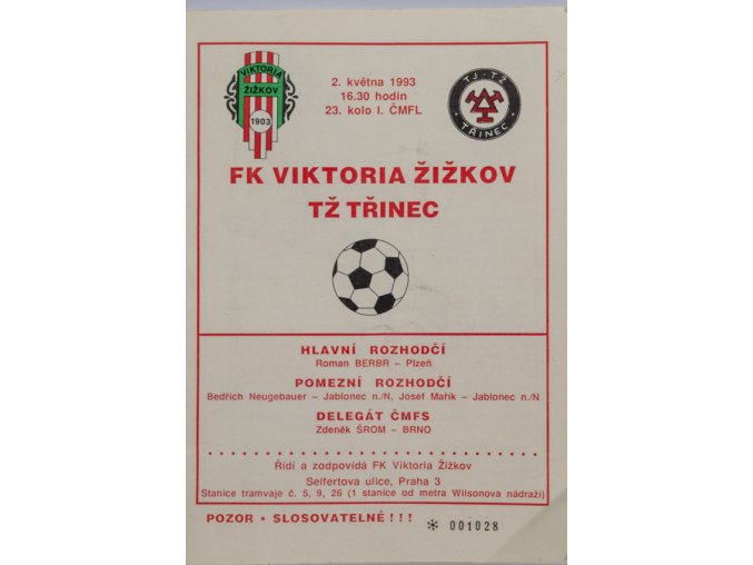 Program FK Viktoria Žižkov v.TŽ Třinec ,1993