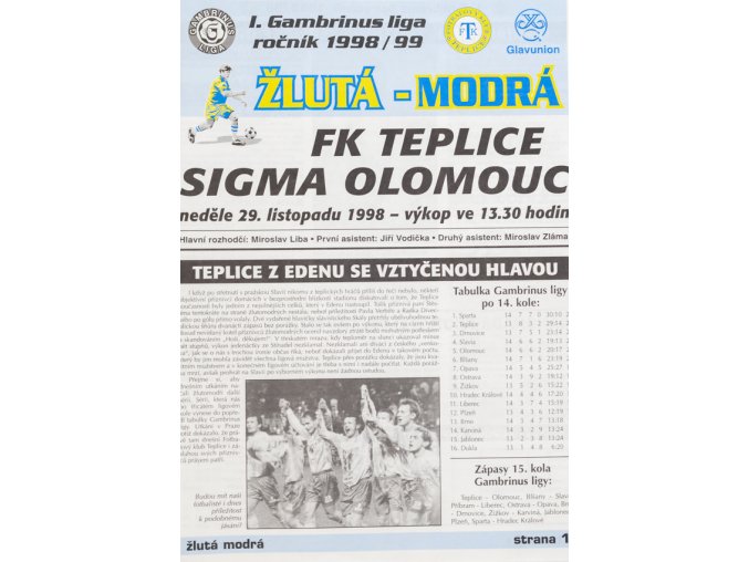 Fotbalový zpravodaj ˇŽlutá modrá, FK Teplice vs. Sigma Olomouc, 1998