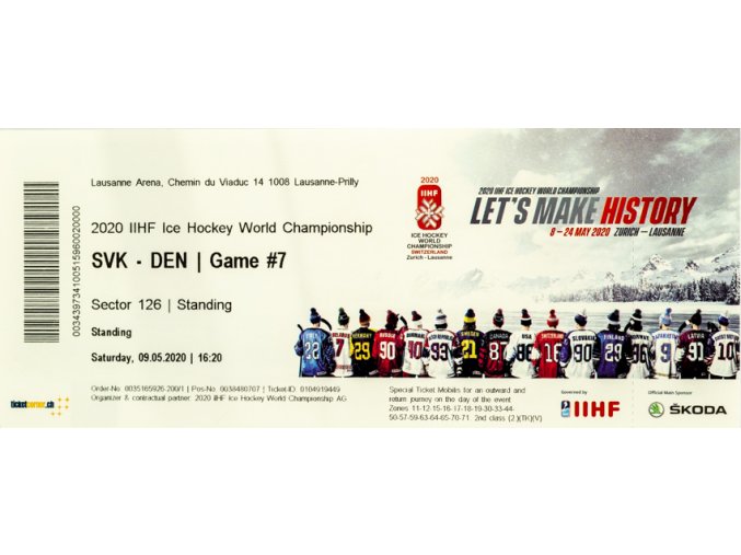 Vstupenka 2020 IIHF Ice Hockey, WCH, Lousanne, Slovensko Dánsko (1)
