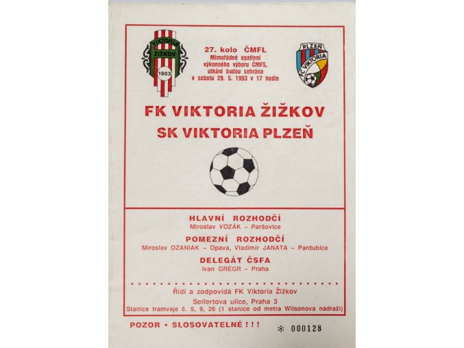 Program FK Viktoria Žižkov vs. FK Plzeň, 1993
