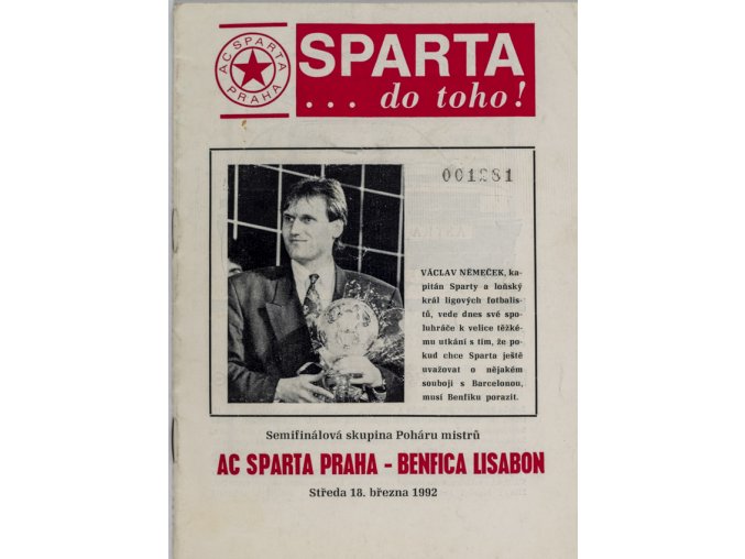 Program fotbal, Sparta ČKD Praha v. Benfica Lisabon, PMEZ, 1992