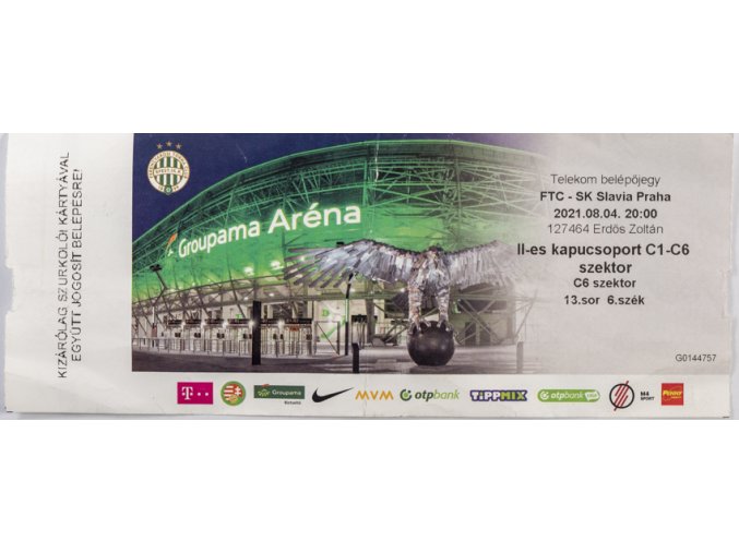 Vstupenka UEFA, CHL, Ferencvaros v. Slavia Praha, 2021