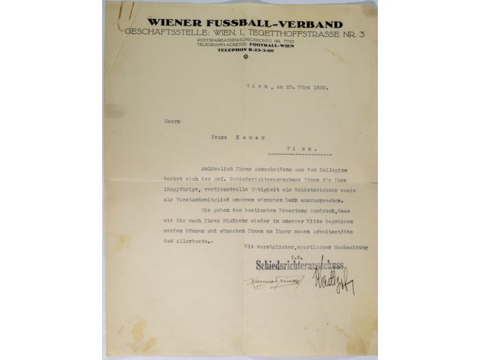Dokument, Wiener Fussball Verband, 1930