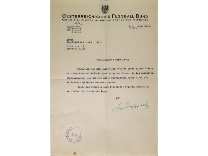 Dokument, Wiener Fussball Verband, 1949