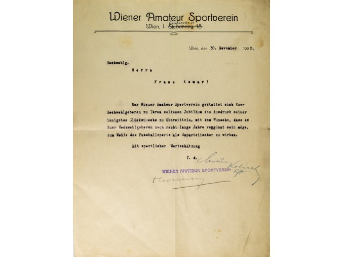 Dokument, Wiener Amateur Sportberein, Wien, 1920