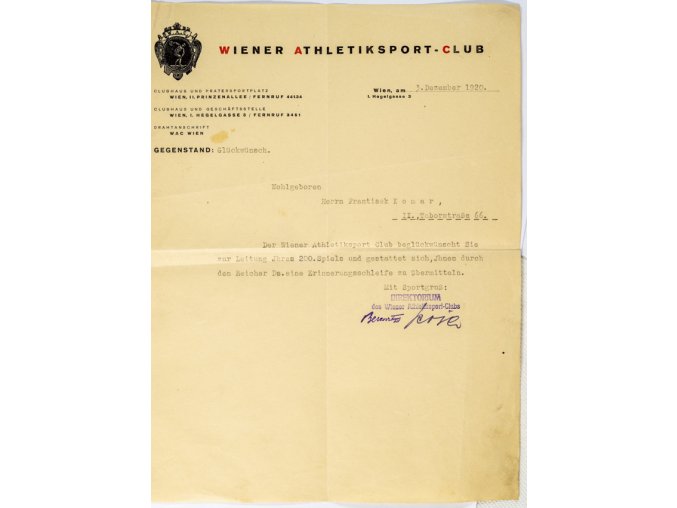 Dokument, Wiener Athletiksport club, 31920