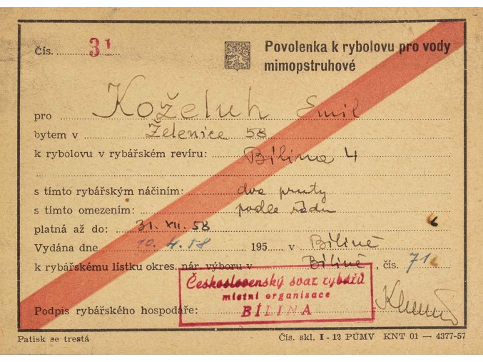 Povolenka k rybolovu na vody mimopstruhové, 1958