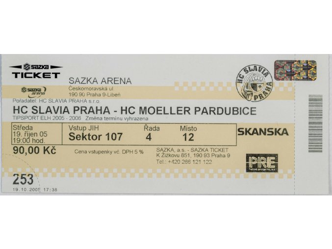 Vstupenka, HC Slavia Praha v. HC Moeller Pardubice, 2005