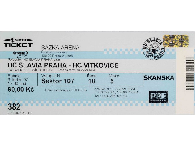 Vstupenka, HC Slavia Praha v. HC Vítkovice, 2007