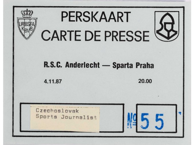 Vstupenka, Presskasart, RSC Anderlecht v. Sparta Praha, 1987