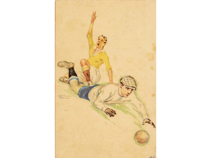 Pohlednice humor fotbal brankář, Lehman Wachau, 1935 (1)
