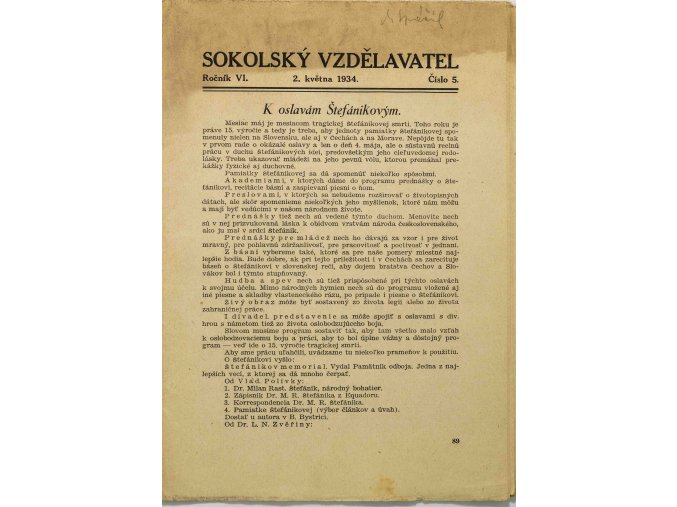 Brožura Sokolský vzdělavatel, 1934, č. 5