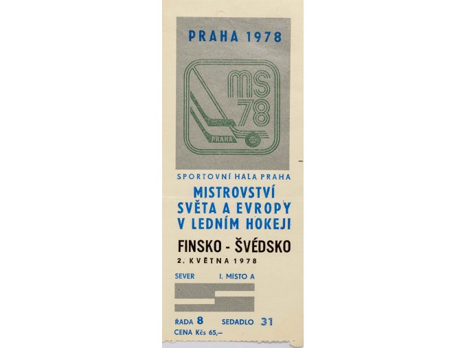 Vstupenka hokej Praha 1978, Finsko v. Švédsko, utržená