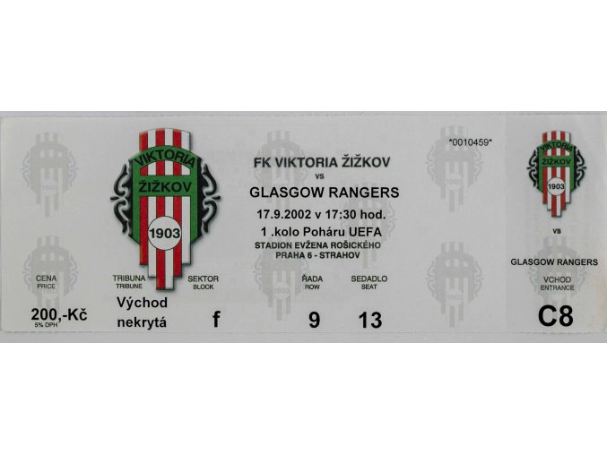 Vstupenka fotbal, FK Viktoria Žižkov v. Glasgow Rangers , UEFA 20023