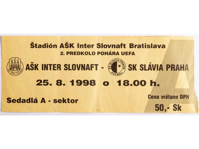 Vstupenka fotbal, Slovnaft Bratislava v. SK Slavia Praha, UEFA 99 (1)