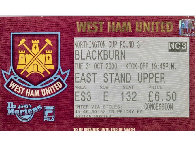 Vstupenka, West Ham United v. Blackburn, 2000