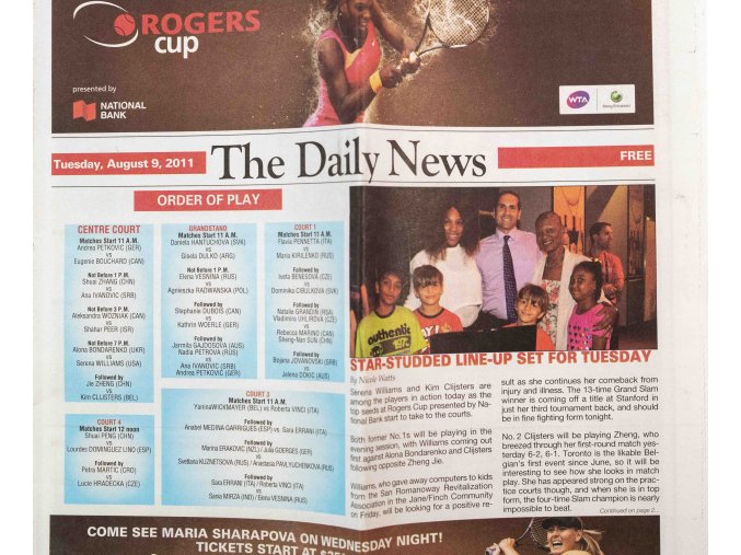 Program The Daily News, Rogers cup, Tuesday, 9, 2011