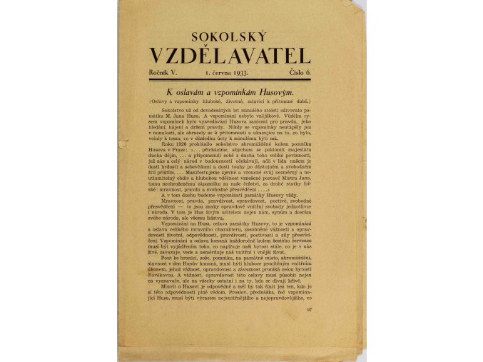 Brožura Sokolský vzdělavatel, Červen 1933, č. 6