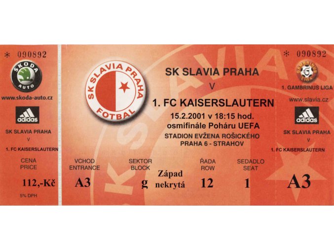 Vstupenka fotbal SK Slavia Prague vs. 1.FC Kaiserslautern, 2