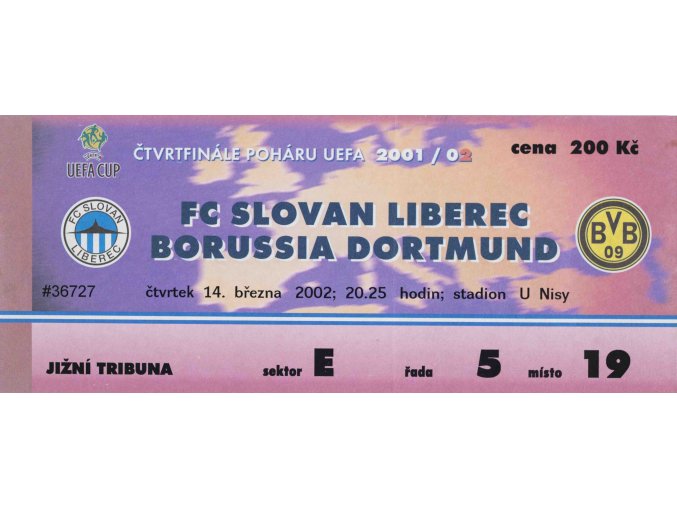 Vstupenka EUFA, FC Slovan Liberec vs. Borussia Dortmund, 2002