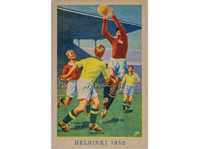 Pohlednice humor, fotbal, Helsinky, 1952 (1)