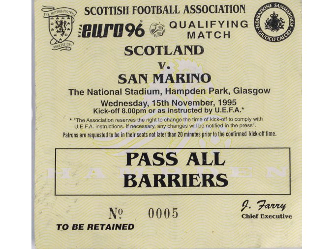 Vstupenka , QEuro 96, Scotland v. San Marino, 1952