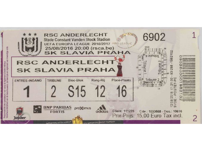 Vstupenka Anderlecht Brusel v. Sk Slavia Praha, UEFA, 2016 (1)