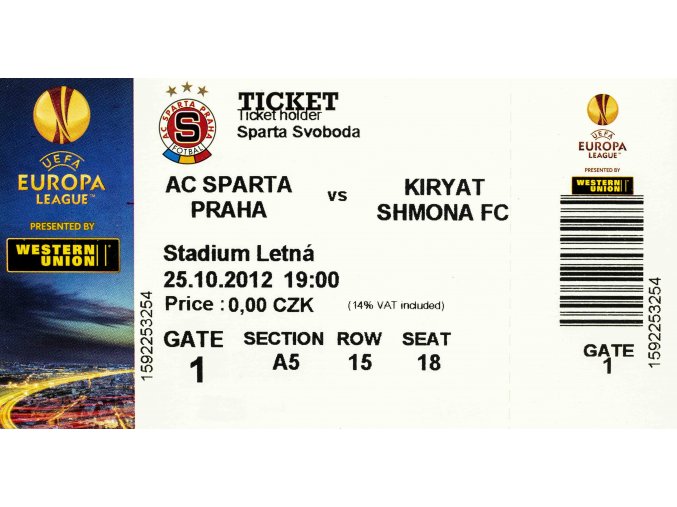 Vstupenka UEFA EL, Sparta Praha v. Kiryat, 2012