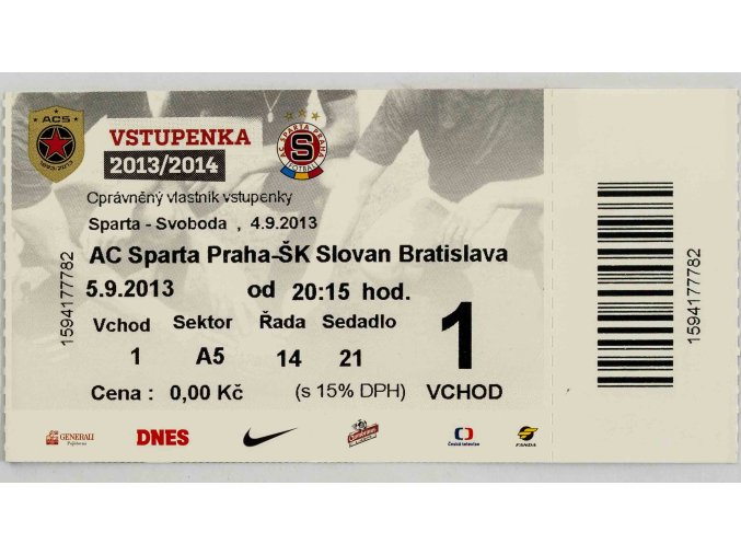 Vstupenka fotbal, AC Sparta Praha v. ŠK Slovan Bratislava, 2013