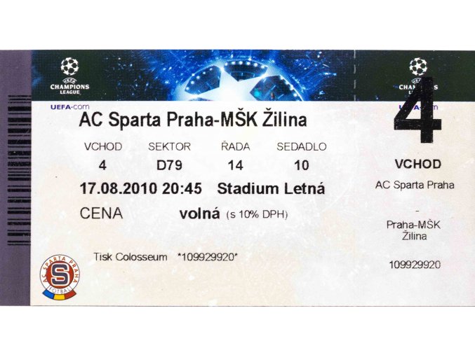 Vstupenka UEFA CHL , Sparta Praha v. MŠK Žilina, 2010