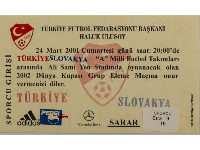 Vstupenka fotbal, Turkiye v. Slovakia, 2001