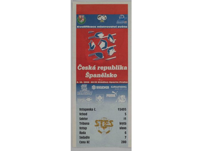 Vstupenka fotbal ČR v. Španělsko, 1996 (WC 98)