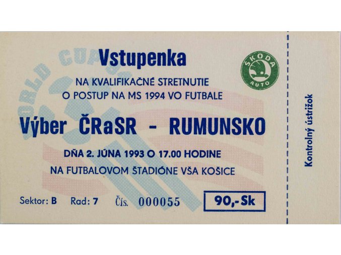 Vstupenka ČR a SR v. Rumunsko, QWM 1994, Košice, 1993, 2 (1)